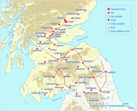 A map showing the distribution of Flavian sites concentrated around the south and east of Scotland